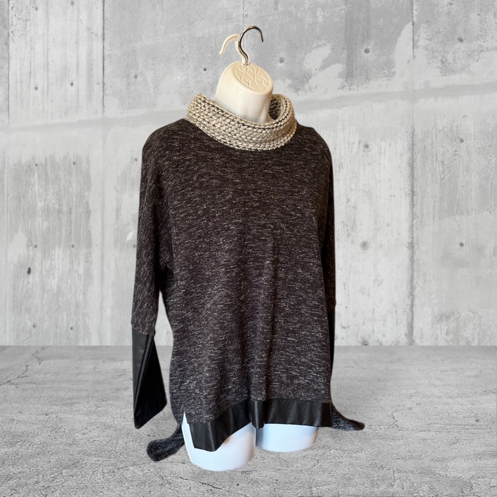 Vintage black Marled cowl chunky knit crochet neck sweater oversized XS S